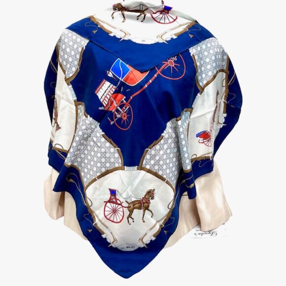 Vgt Celine Paris 100% Silk Scarf Satin 34"   ivery blue horse carriage (43 - Picture 2 of 12